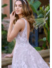 V Neck White 3D Lace Floral Wedding Dress